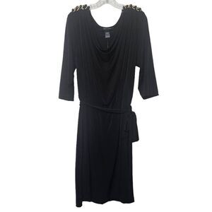 Ashley Stewart Cowl Neck Chain Detail Tie Belt Black Dress Size 14/16